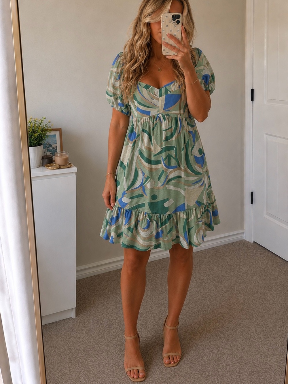 Nine West Green and Blue Puff Sleeve Mini Dress